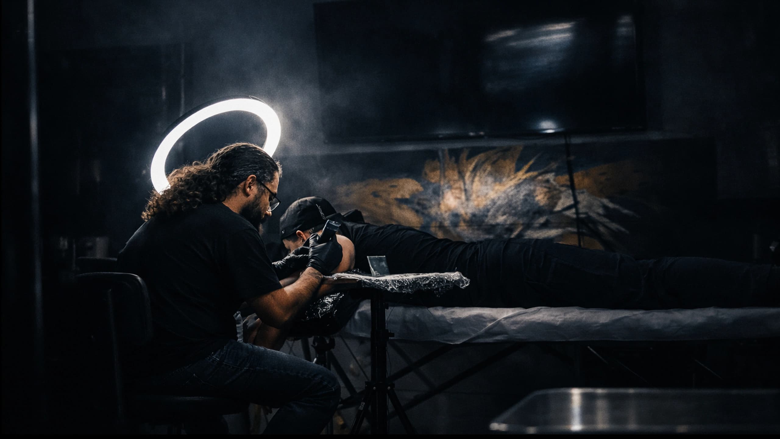 Tattoo artist preparing stencil under cinematic low light