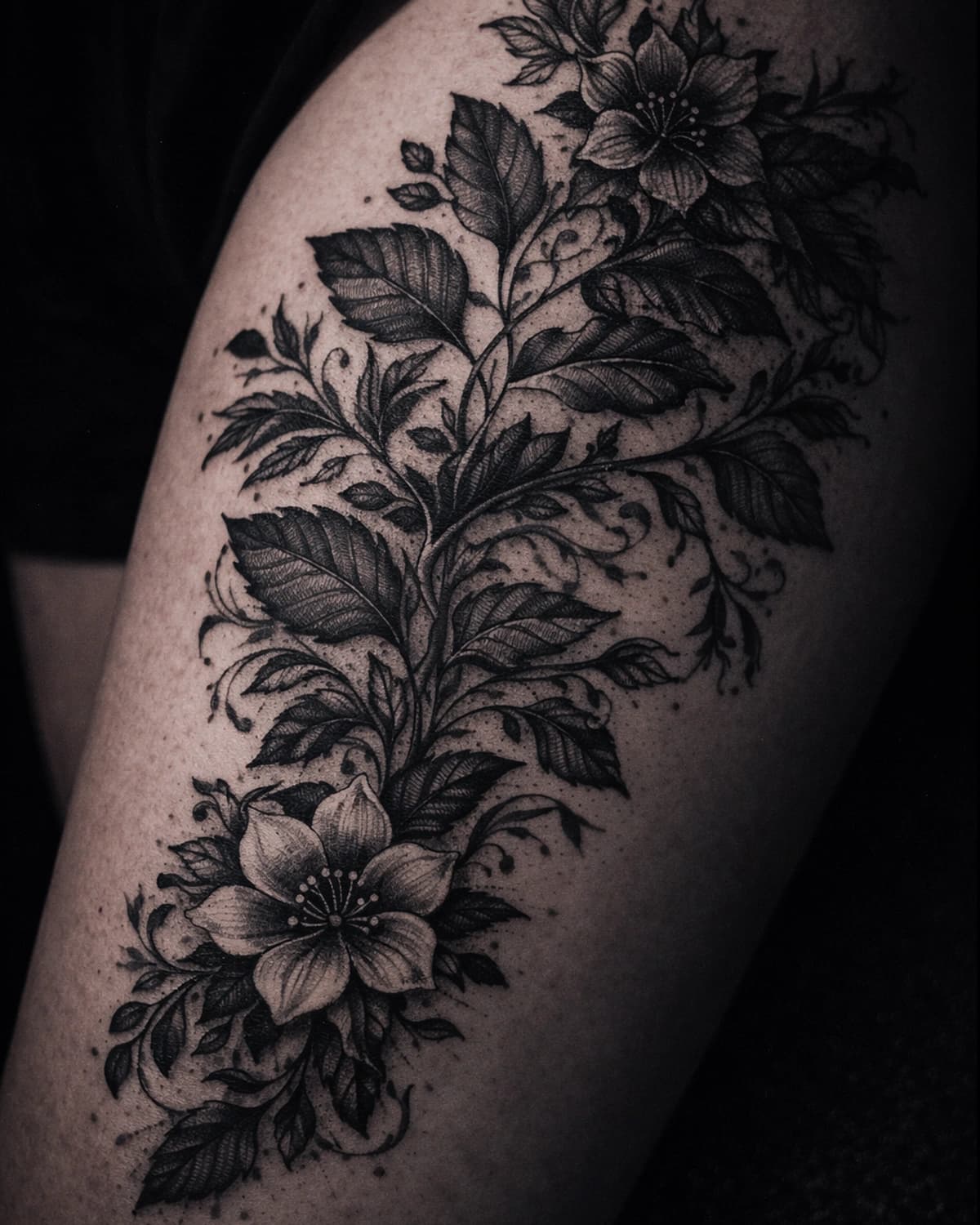 Dark botanical branchwork climbing the outer thigh