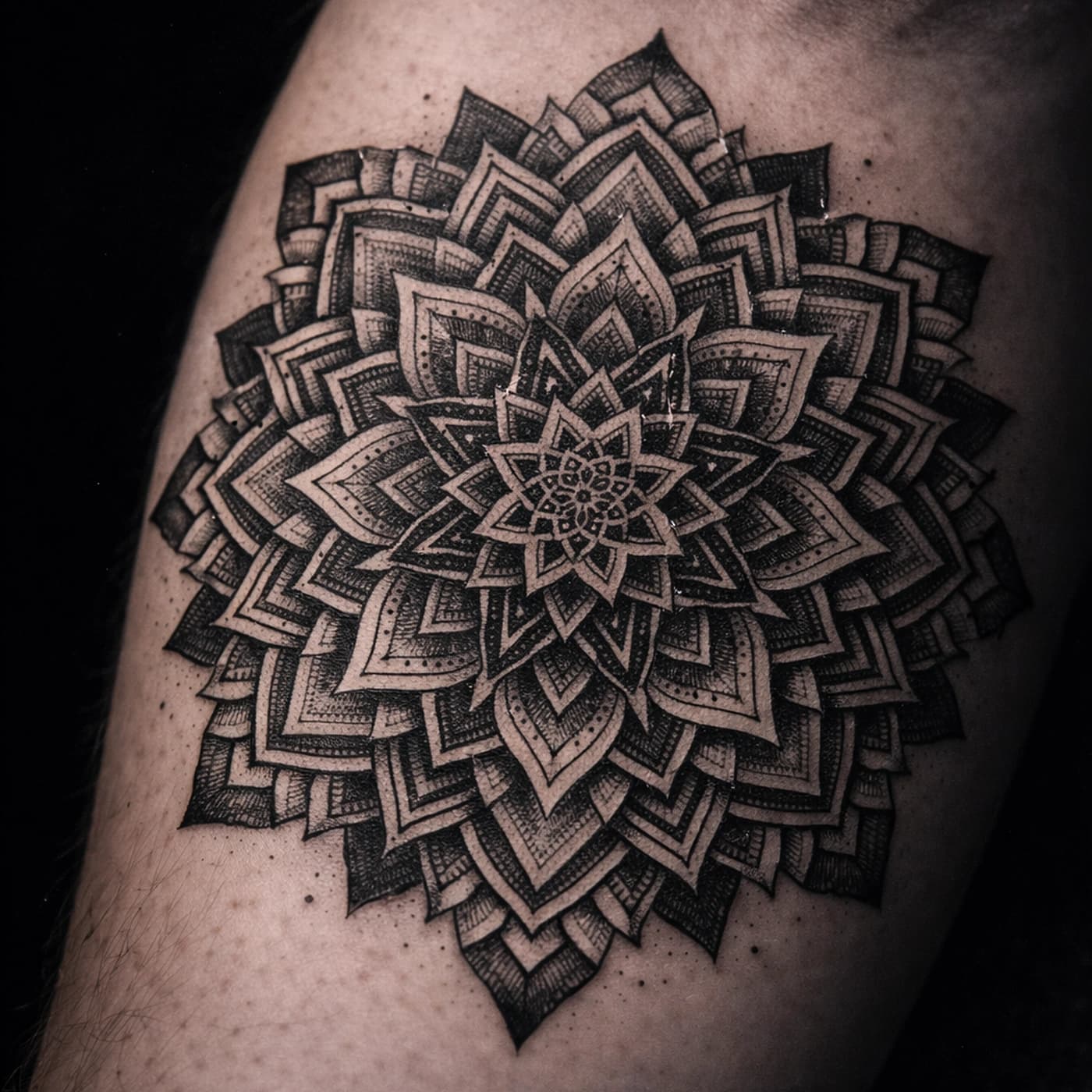 Circular dotwork mandala with crisp geometric linework