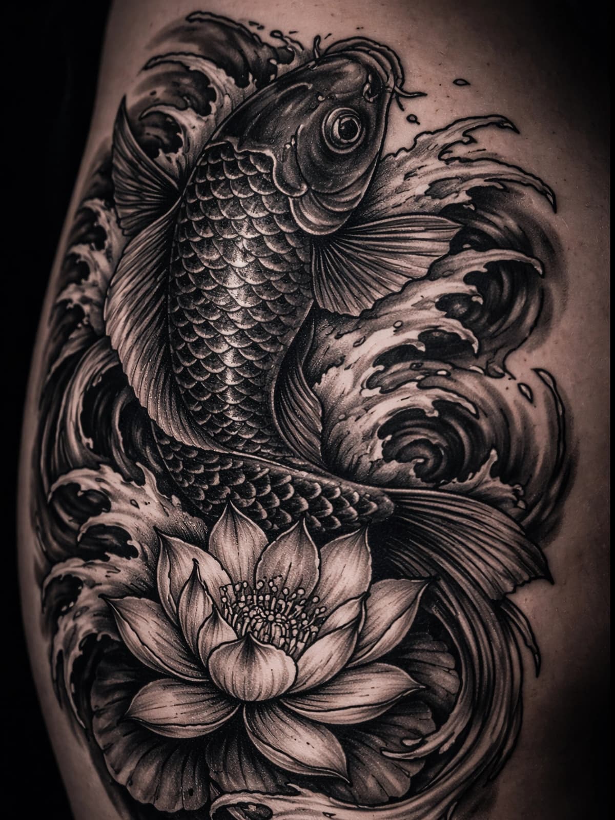 Black and grey neo-japanese koi composition on calf