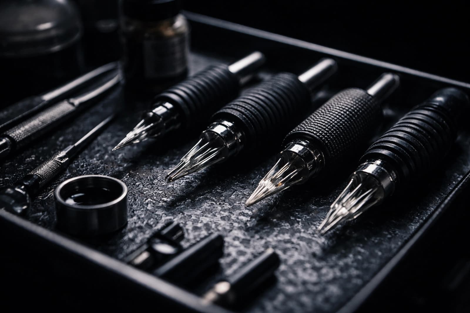 Close-up of sterile tattoo tools arranged on tray