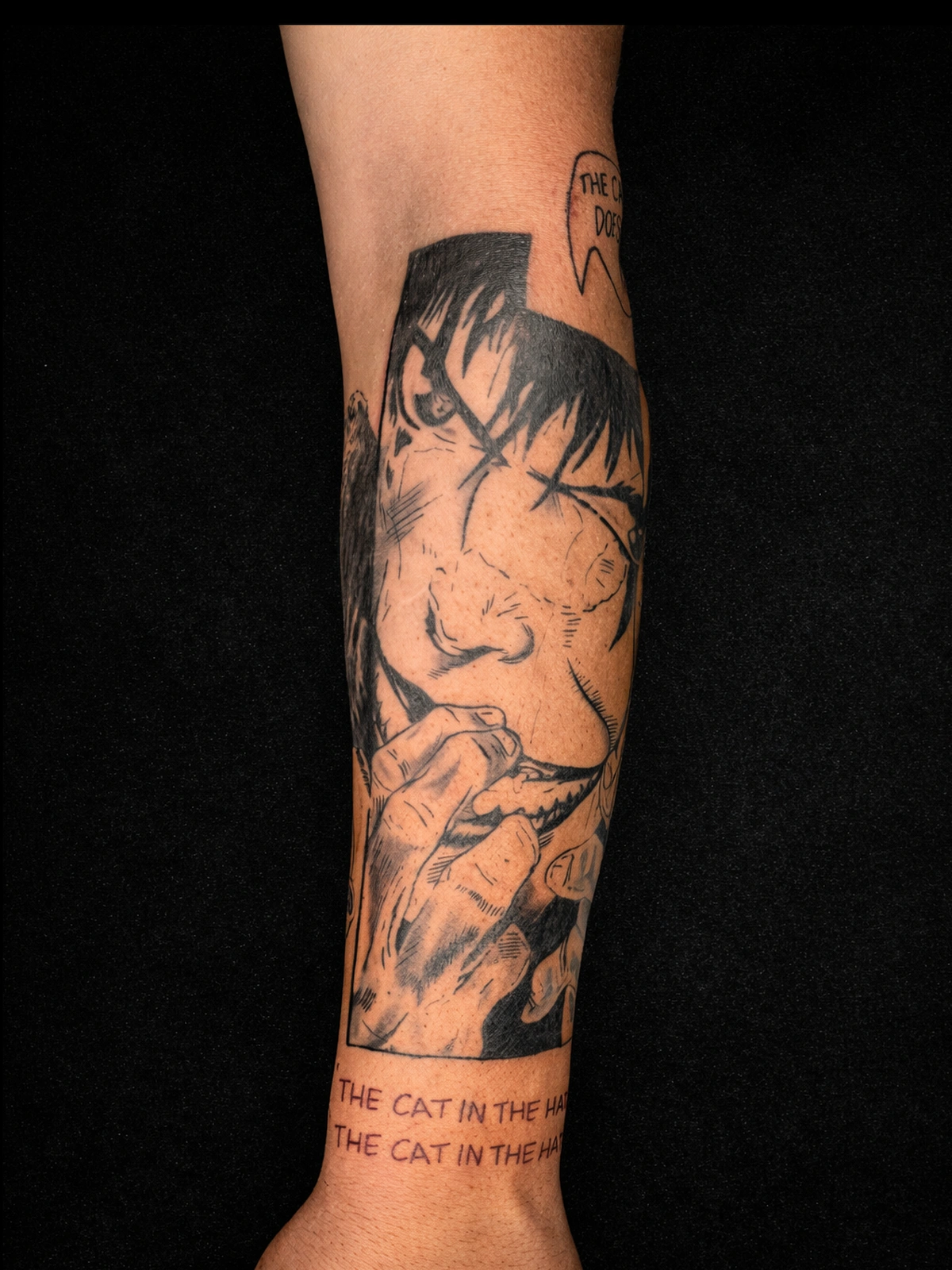Manga-inspired blackwork forearm tattoo with bold shadows and vertical flow