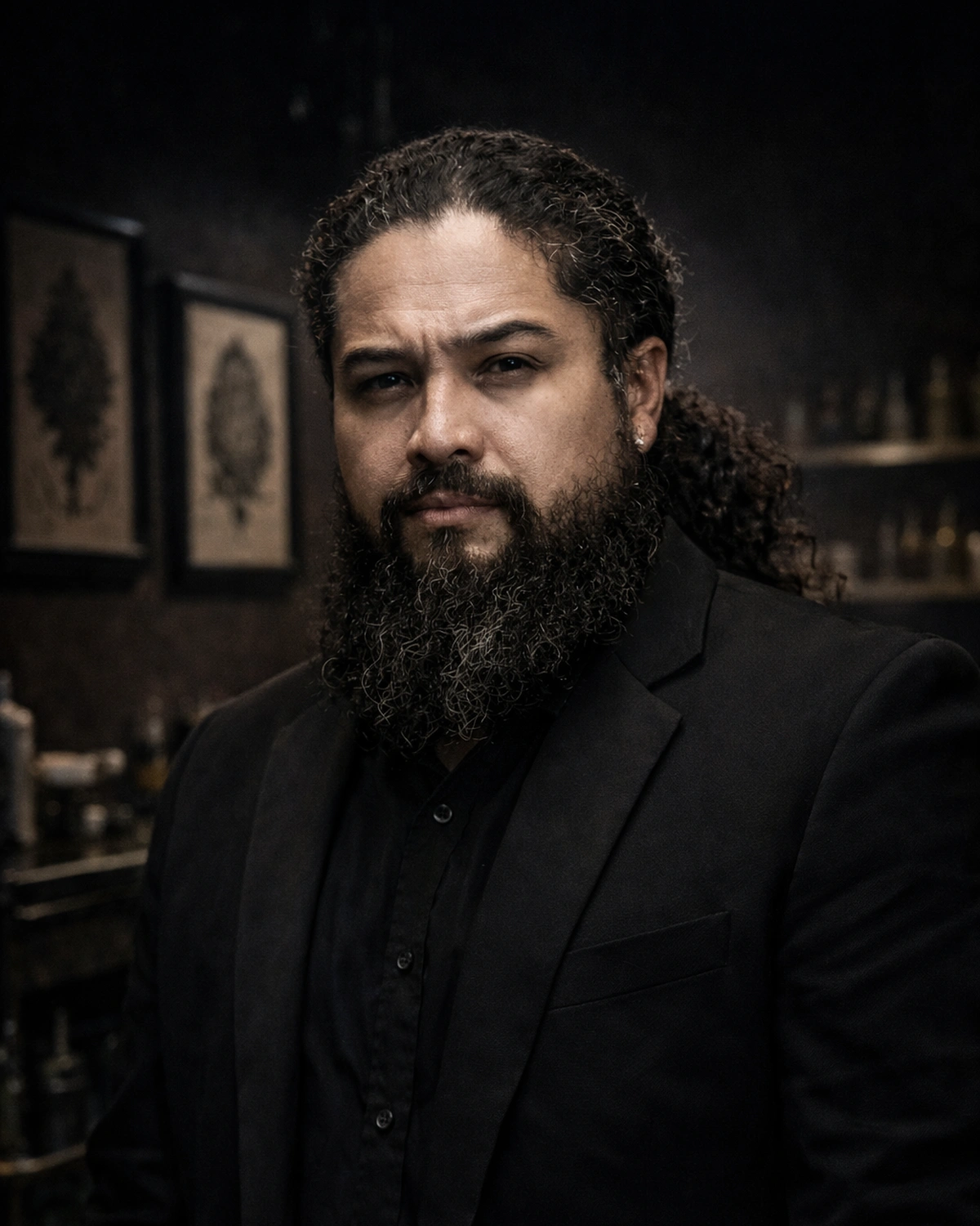 Tattoo artist portrait in moody directional lighting