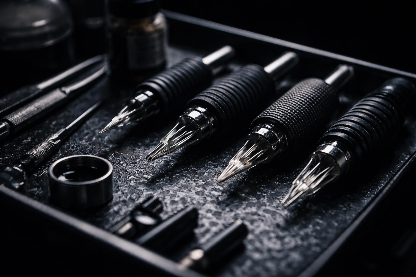 Close-up of sterile tattoo tools arranged on tray