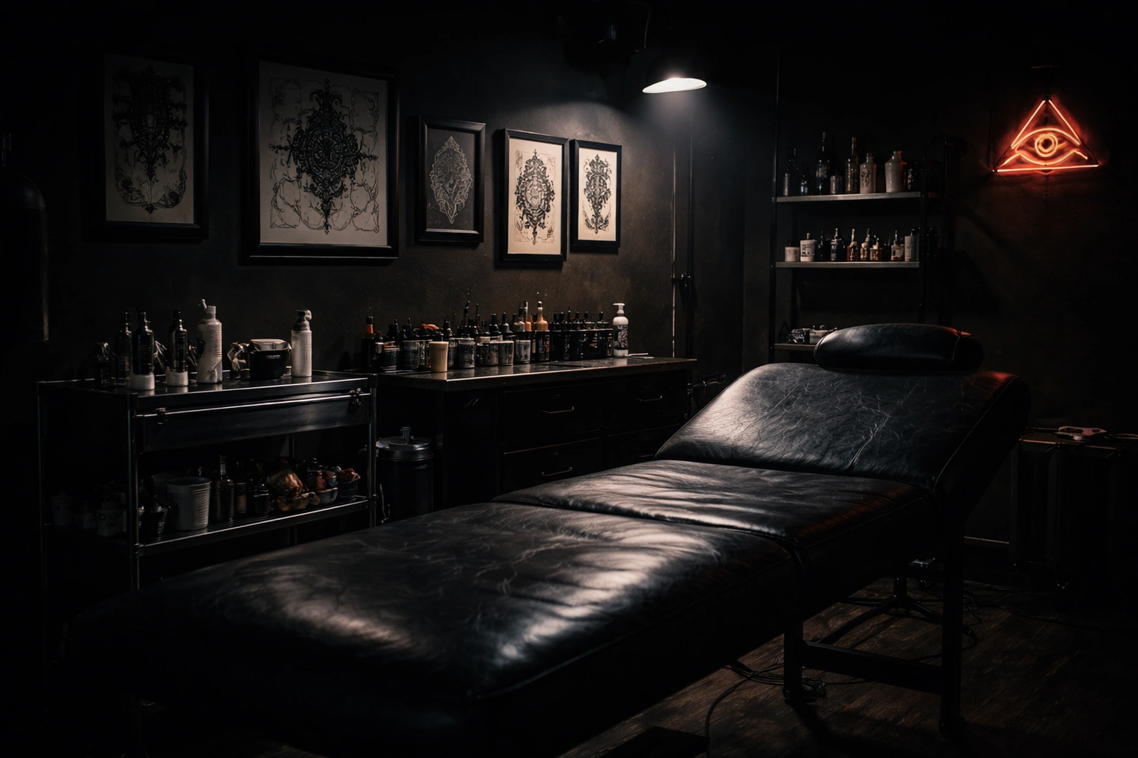 Tattoo studio interior with directional warm lighting